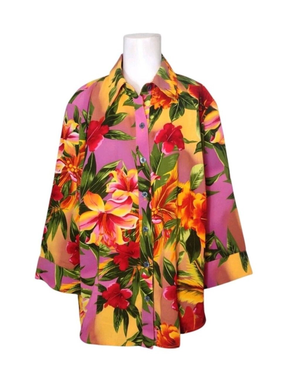 KC Studio Tropical Flower Button Top 18W Vintage Resort Colorful Cruise Beach